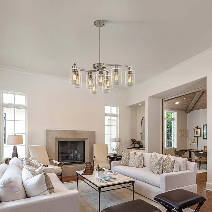 9-Light Brushed Nickel Glass Chandelier, Adjustable Height Hanging Industrial Dining Room Chandelier Over Table, Modern Farmhouse Chandelier for Kitchen Island Living Room Entryway Bedroom