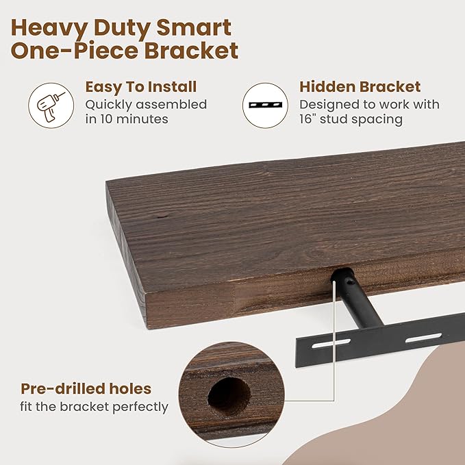 Floating Shelves for Wall Decor, Rustic Solid Elm Wood Floating Shelves Wall Mounted, Wall Shelves with Invisible Bracket for Living Room Bathroom Bedroom Kitchen, 36 Inch Set of 2, Walnut