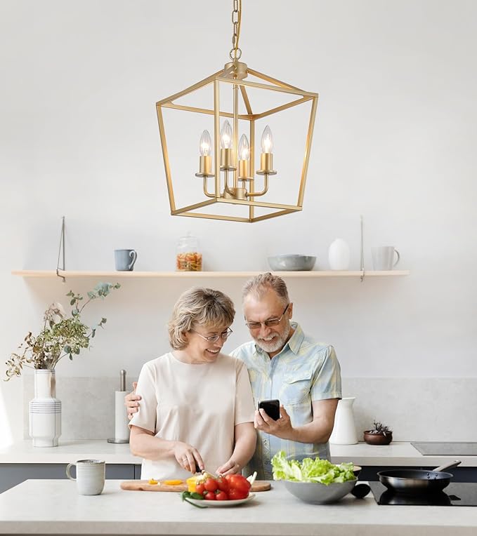 Industrial 4 Lights Chandelier, Gold Lantern Ceiling Light Fixtures with Rustic Metal Cage Adjustable Height Farmhouse Geometric Hanging Light for Kitchen Island, Dining Room, Entryway, UL Listed