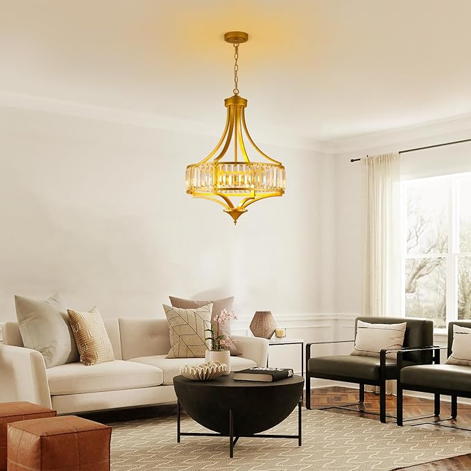 Modern Gold Crystal Chandelier, 20 Inch Large Ceiling Pendant Light Fixture with 50'' Adjustable Hanging Chain, 5-Light Farmhouse Chandelier for Dining Room, Living Room, Bedroom, Entryway