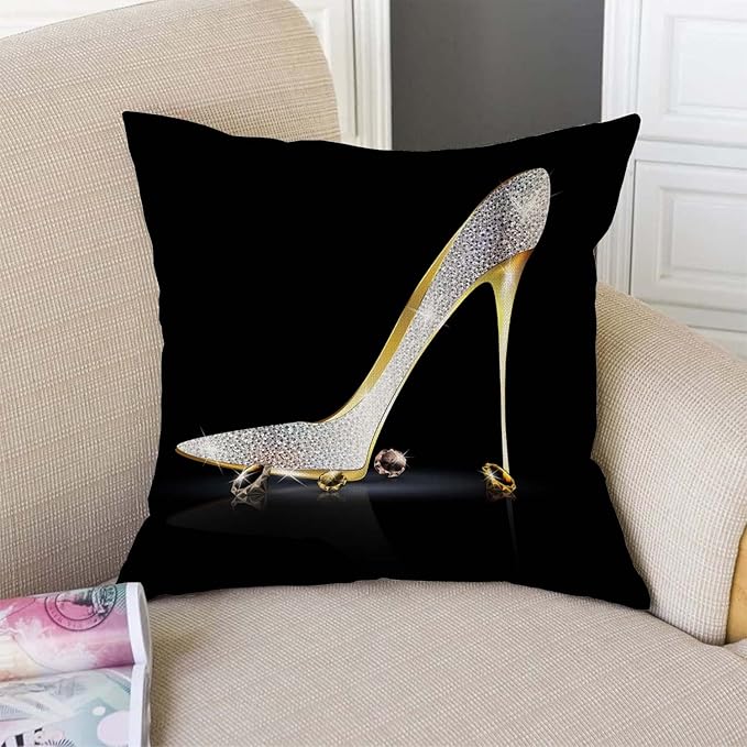 TSSOHU Square Decorative Throw Pillow Case Cushion Cover,Fashion Lady High Heel Shoe with Diamonds Soft Pillowcase 18x18 inch (No Glitter)