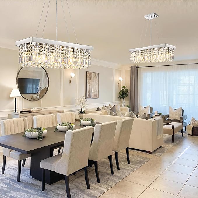 Modern Rectangular Crystal Chandeliers,8 Lights Rectangular Pendant Light Fixture,Adjustable Height K9 Crystal Chandelier for Dining Room L40''xW10''xH10''