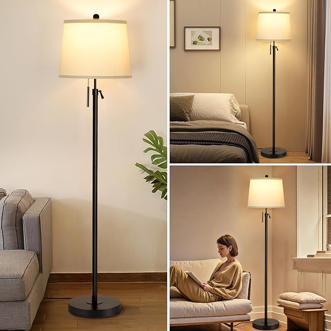 Black Floor Lamps for Living Room Adjustable Height Standing Lamp Modern Tall Pole Lamps for Bedroom Office with White Linen Shade 3 Color Temperature 9W LED Bulb Included