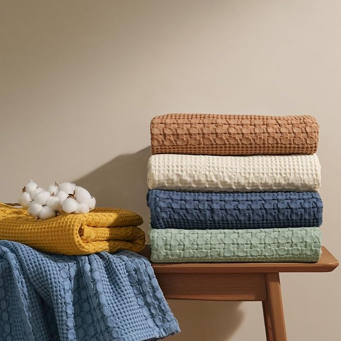 PHF 100% Cotton Waffle Weave Throw Blanket, Soft Lightweight Breathable Cozy Summer Throws for Couch Bed Sofa, Luxury Aesthetic Woven Blanket for Home Decor & Office, 50"x60", Pink/Mauve