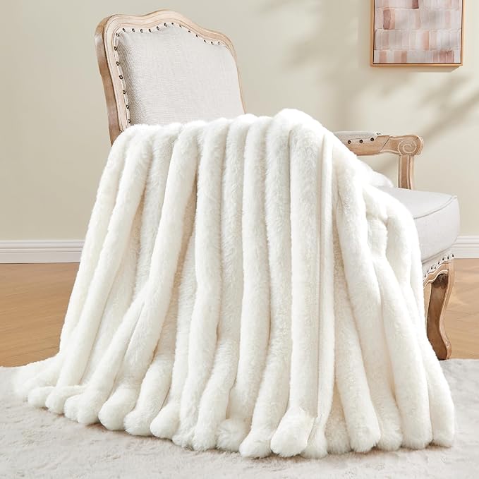 BEDELITE Faux Fur Throw Blanket for Couch, Soft and Cozy Luxurious 3D Striped Fluffy Blanket, 770GSM Thick Warm Plush Fuzzy Faux Rabbit Fur Blanket for Women Gift (Cream, 60"x 80")