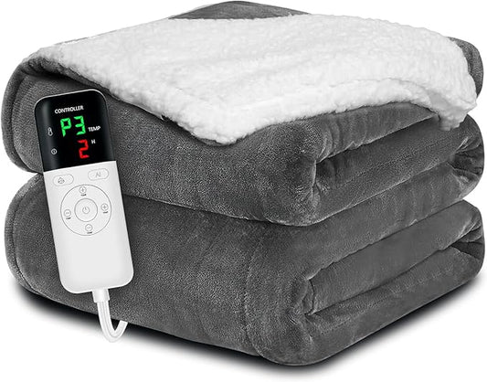 Heated Blanket Throw 50x60, Extra Plush 220GSM Flannel & Sherpa with Child Lock | 6-Level Smart Adaptive Heat & 8Hr Timer | ETL Certified Electric Blanket for Full Body Comfort