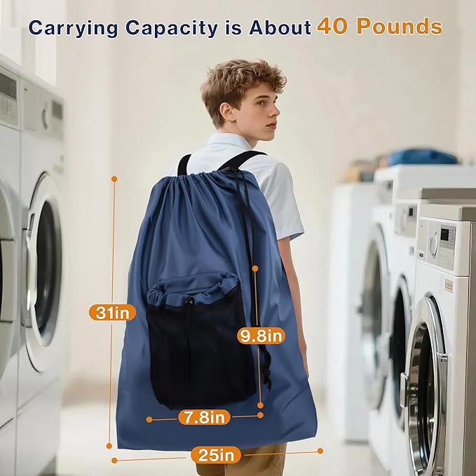 2-Pack Backpack Laundry Bags, Heavy Duty Laundry Bag Backpacks with Adjustable Shoulder Straps, Door Hanging Washing Bag, Laundry Hamper Lining for College Dorm, Travel, Laundromat