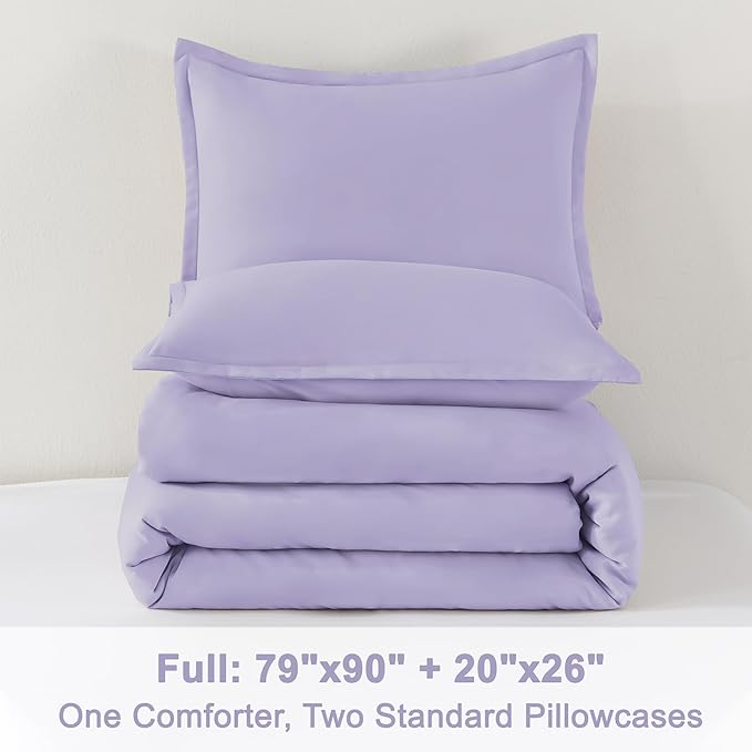 Litanika Lavender Purple Comforter Full Size, 3 Pieces Lightweight Solid Bedding Comforter Set, All Season Fluffy Bed Set (79x90In Comforter & 2 Pillowcases)