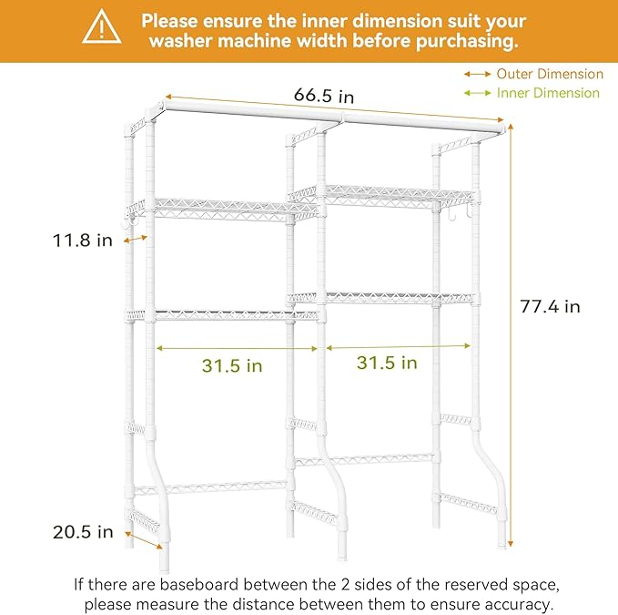 U14 Over Washer and Dryer Storage Shelves, 4 Tiers Laundry Room Storage and Organizer System, Space Saving Clothes Drying Rack with 2 Clothes Hanger Rods, 66.5" W x 20.5" D x 77.4" H, White