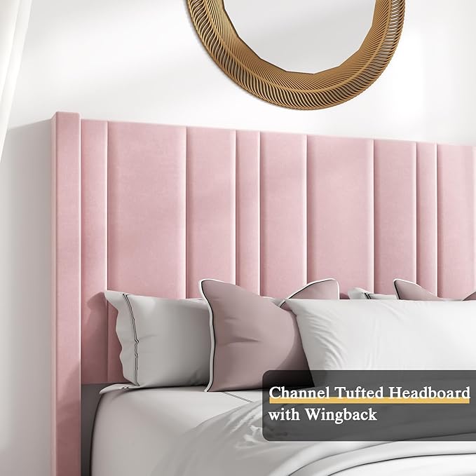 HOMBCK King Size Bed Frame and Headboard, Upholstered Bed with Vertical Channel Tufted Headboard & Footboard, Wooden Slats/Noise Free/No Box Spring Needed/Easy Assembly, Pink