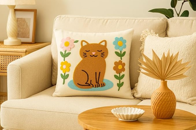 katre home madame & textile Cat Throw Pillow Cover – 100% Cotton Embroidered Decorative Cushion Case 18x18 – Handmade Punch Needle Pillow for Sofa, Bed, Couch or Gift for Cat Lovers