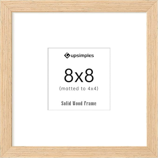 upsimples 8x8 Picture Frames, Natural Solid Wooden Picture Frames, Display 4x4 with Mat or 8 x 8 Without Mat, Wall or Tabletop, 1 Pack, Natural