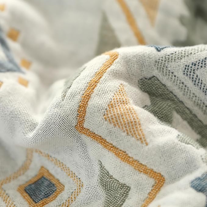 Boho Muslin Blanket for Adults 4-Layer Gauze Twin Size Soft Cozy 100% Cotton Cooling Blanket Geometric Farmhouse Decor for Sofa Bed Coverlet Both Sides (Boho-G-Yellow, Twin 60 x 80 in)