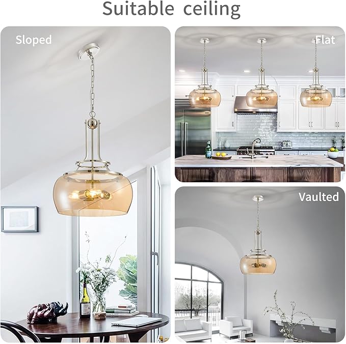 WUZUPS Nickel Chandelier Rustic Farmhouse Industrial Round Ceiling Pendant LED Light Fixture with Amber Glass Shade for Dining Room Kitchen Island Foyer Entryway, H 20.9" W 15.9", E26 Base