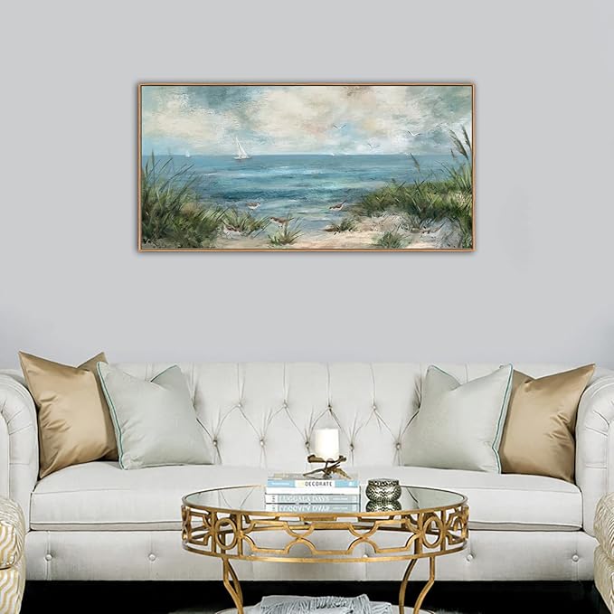 Sea Beach Vintage Seascape Canvas Prints Wall Decor Ocean Sailboat Seagull Beach Bird Reed Canvas Painting Artwork Living Room Bedroom Decoration Natural Framed