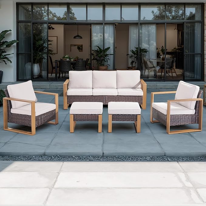 Outdoor Wicker Patio Furniture Set - 5 Piece Patio Conversation Set with 2 Wicker Armrest Chairs,2 Rattan Ottoman and 1 Couch,Sturdy Frame,Thick Cushions,Deep Seating(Brown/Beige)