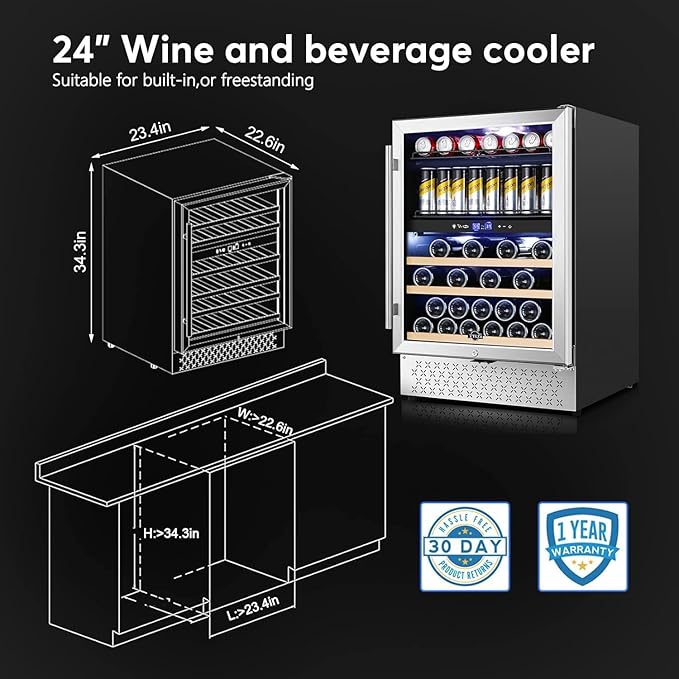 Tylza Dual Zone Wine Fridge, 24 Inch Wine and Beverage Refrigerator Built-in or Freestanding, Wine Beer Fridge Under Counter, Wine Cellar with Stainless Steel and Temperature Memory Function