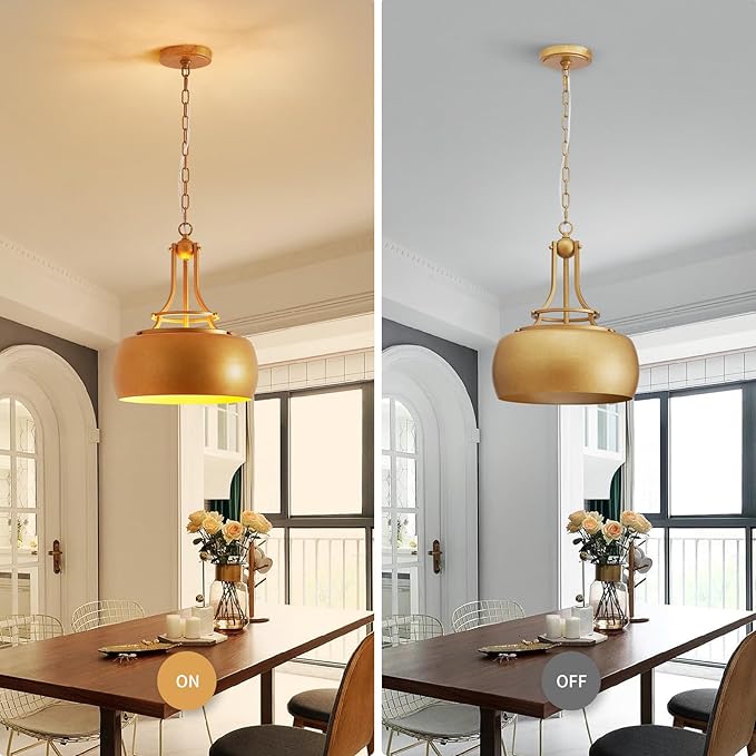 WUZUPS Chandelier Rustic Farmhouse Industrial Round Ceiling Pendant LED Light Fixture with Open Bottom Drum Shade, H 15.7" x W 13.4", Antique Gold