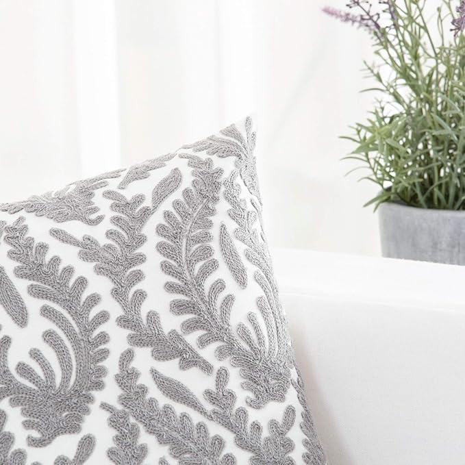 HWY 50 Grey Gray Decorative Throw Pillow Covers 18x18 Inch (1 Piece), Embroidered Cotton Farmhouse Cushion Cover Pillow Case for Sofa Couch Living Room Bed Bedroon, Floral Branches