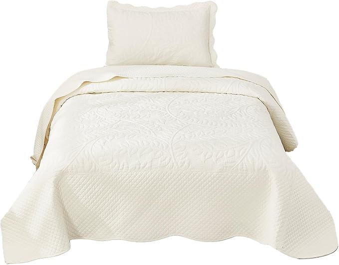 MarCielo 3-Piece 100% Cotton Oversized Bedspread Lightweight Quilt Coverlet Embroidery Farmhouse Bedding Set T0 (Bright White, Twin (68"x86"))