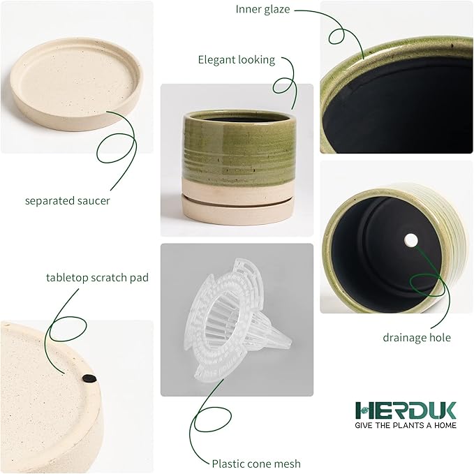 8 Inch Pots for Plants, Ceramic Planter Pot with Drainage Hole & Saucer, Indoor/Outdoor Cylinder Round Planter Pot, Green & Beige