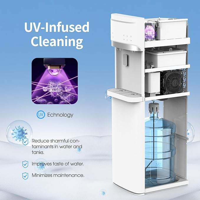 Self-Cleaning Bottom Load Water Cooler Dispenser with Ice Maker for 5 Gallon 3 Temperature Settings 22lbs Daily Capacity White