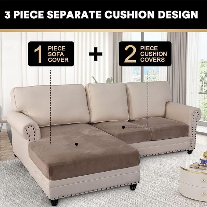 PrinceDeco Sectional Couch Covers 3 Pieces Velvet Sofa Covers L Shape Soft Couch Covers for Sectional Sofa Corner Sofa Cover Couch Cover for Dogs Washable (2 Seater + 1 Chaise,Taupe)