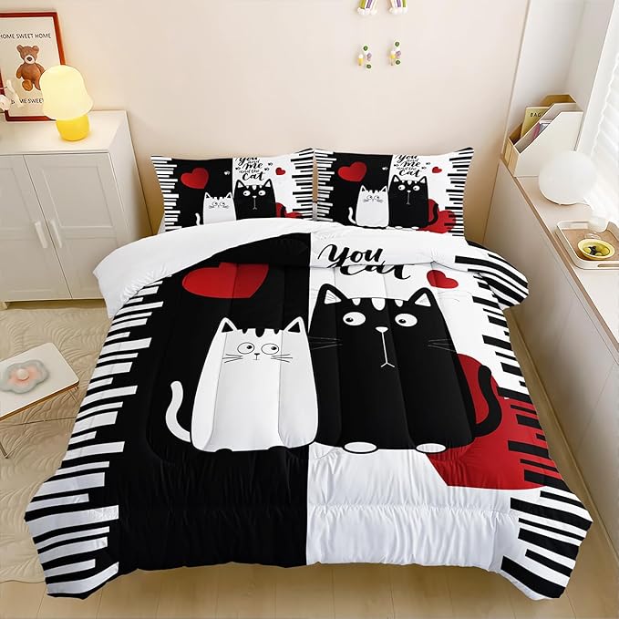 Kawaii Pet Cat Themed Comforter 3Pcs Queen Lover's Kitten Animal Bedding Set for Cat Lover Kid Teen Girl Boy Black White Cat Heart Pattern Quilt Bed Decor with 1 Comforter and 2 Pillowcases