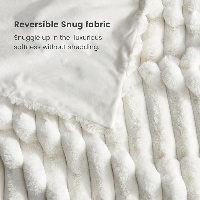 Cozy Bliss Faux Fur Throw Blanket for Couch, Cozy Warm Plush Striped Blanket for Sofa Bedroom Living Room, 60 * 80 Inches Cream White