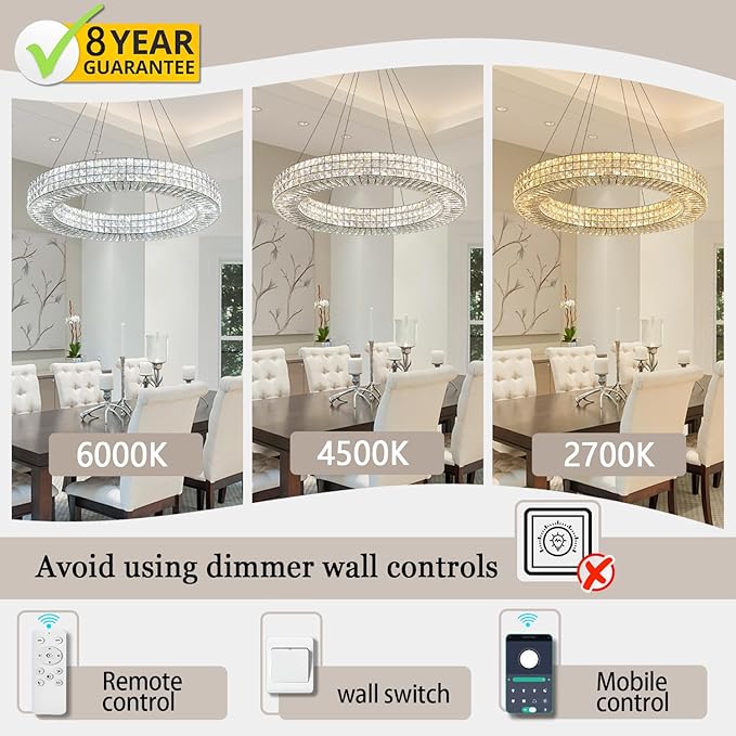 Dia 24" Modern Crystal Chandelier Black Ring Chandelier Adjustable Height Luxury Crystal Pendant Ceiling Light Fixture for Dining Living Room Bedroom