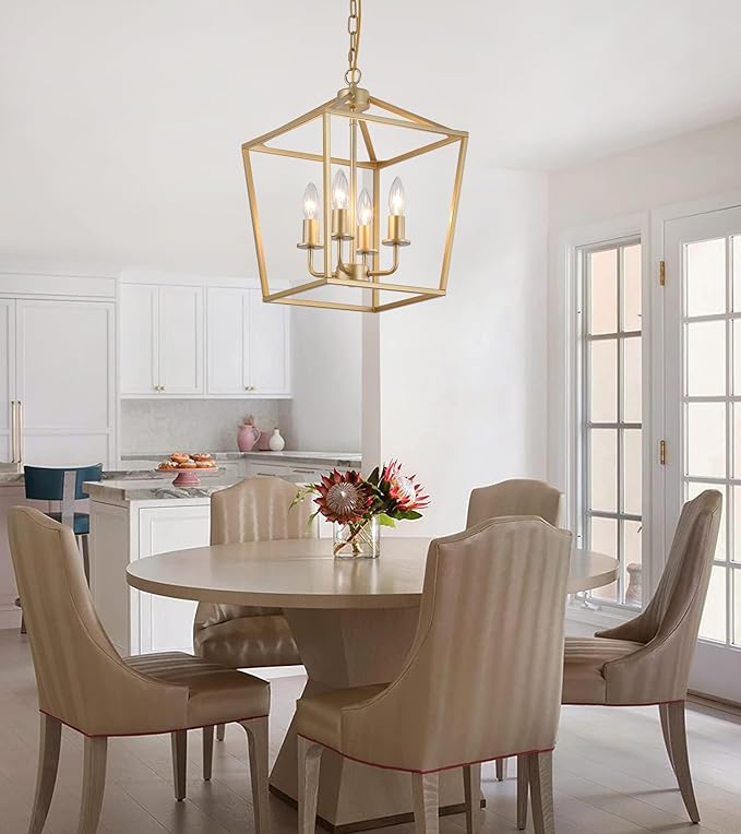 Industrial 4 Lights Chandelier, Gold Lantern Ceiling Light Fixtures with Rustic Metal Cage Adjustable Height Farmhouse Geometric Hanging Light for Kitchen Island, Dining Room, Entryway, UL Listed