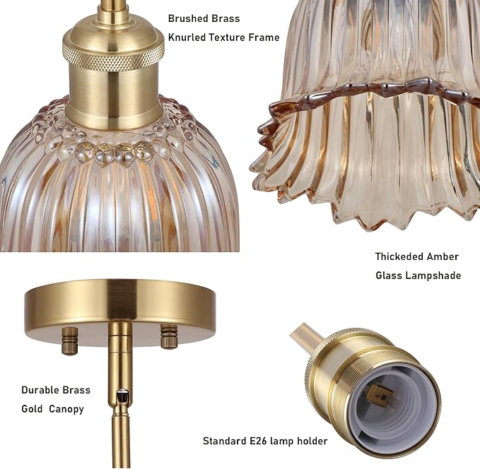 Modern Gold Pendant Light Brushed Brass Mid Century Chandelier Amber Glass Shades Adjustable Rods Farmhouse Ceiling Hanging Lighting Fixture Kitchen Island Dining Room Bedroom