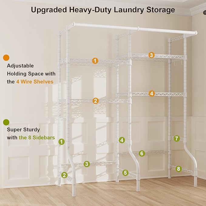 U14 Over Washer and Dryer Storage Shelves, 4 Tiers Laundry Room Storage and Organizer System, Space Saving Clothes Drying Rack with 2 Clothes Hanger Rods, 66.5" W x 20.5" D x 77.4" H, White
