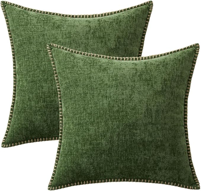 MIULEE Pack of 2 Christmas Pillow Covers 16x16 Inch Moss Green Farmhouse Decorative Throw Pillow Covers with Stitched Edge Soft Chenille Solid Dyed Couch Pillow Covers for Sofa Bed Living Room