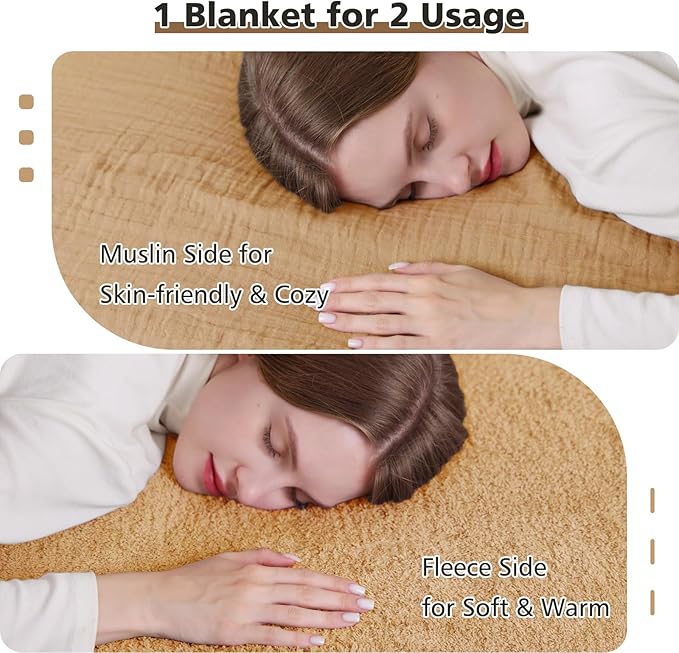 EMME Muslin and Fleece Throw Blanket Reversible - 50"*60" Beige Soft Warm Throw Blankets for Couch Bed Picnic Travel Bed