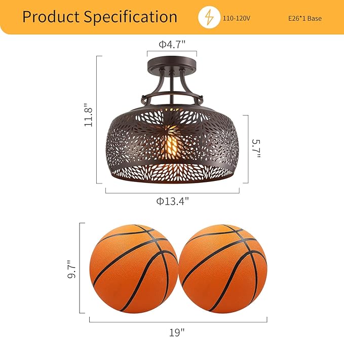 WUZUPS Chandelier Rustic Farmhouse Industrial Round Semi-flushmount Ceiling LED Light Fixture with Later-Cut Openwork Drum Shade, H 11.8" x W 13.4", Oil Rubbed Bronze