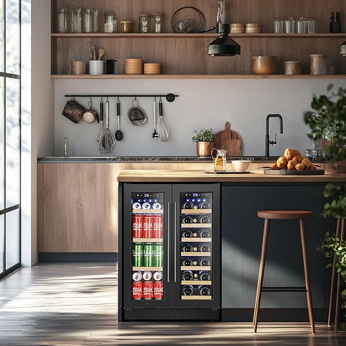 Tylza 24 Inch Wine and Beverage Refrigerator, Dual Zone Wine Beverage Cooler 24" with French Door, Under Counter Wine Beer Fridge Built-In or Freestanding, Holds 20 Bottles and 88 Cans, Black