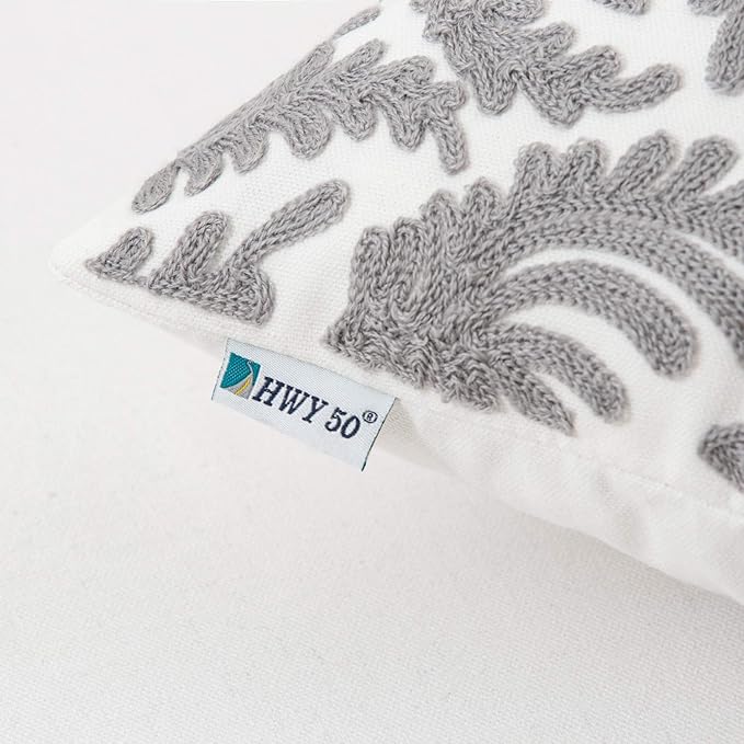 HWY 50 Grey Gray Decorative Throw Pillow Covers 18x18 Inch (1 Piece), Embroidered Cotton Farmhouse Cushion Cover Pillow Case for Sofa Couch Living Room Bed Bedroon, Floral Branches