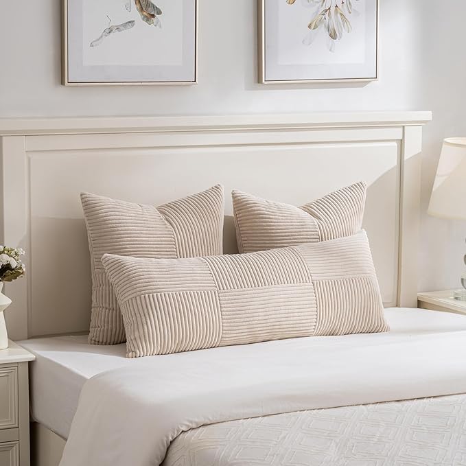 Fancy Homi 2 Packs Tan Decorative Throw Pillow Covers 18x18 Inch for Living Room Couch Bed, Rustic Farmhouse Boho Home Decor, Soft Corss Corduroy Patchwork Textured Square Beige Cushion Case 45x45 cm