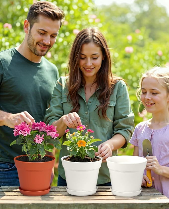 homenote Plant Pots,6 Inch Flower Pots for Plants Plastic Planters for Indoor with Multiple Drainage Holes and Trays, for All Home Garden Flowers Succulents,Outdoor(White&Red,16 Pack)