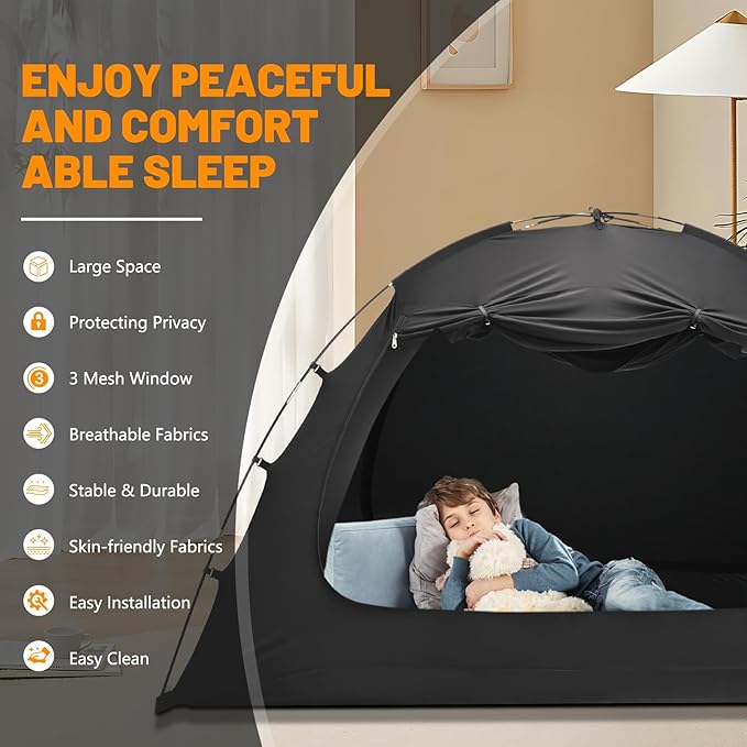 SUNYRISY Bed Tent Twin Size Bed Canopy, Indoor Tent for Adult and Kids, 3 Doors Breathable Dream Tent, 80% Blackout Private Space Sleeping Tents