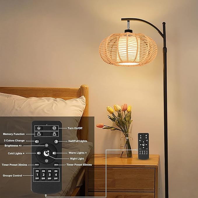 Arc Floor Lamps for Living Room Bedroom Rattan Boho Floor Lamp with Remote Control,Dimmable Led Standing Lamp Wicker Lamp Shade Rustic Tall Floor Lamp Modern Flower Lamp for Bedroom Corner