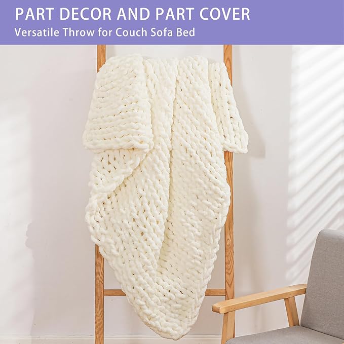 Bigacogo Chunky Knit Throw Blanket for Couch, 51x63 inches, 100% Hand Knitted with Thick Jumbo Chenille Yarn, Cozy Soft Large Rope Knot Cable Crochet Blankets for Sofa Bed Living Room, Ivory