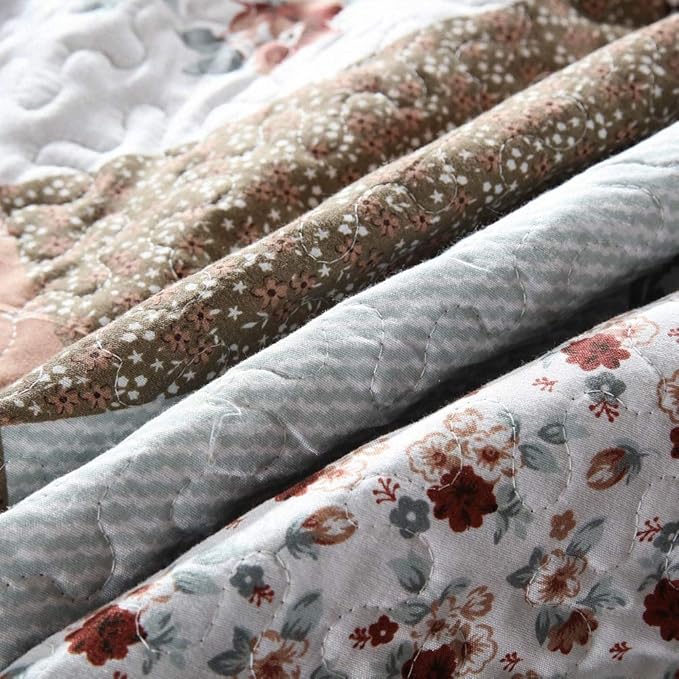 NEWLAKE Quilt Bedspread Sets-Checkered Floral Reversible Coverlet Set,Queen Size