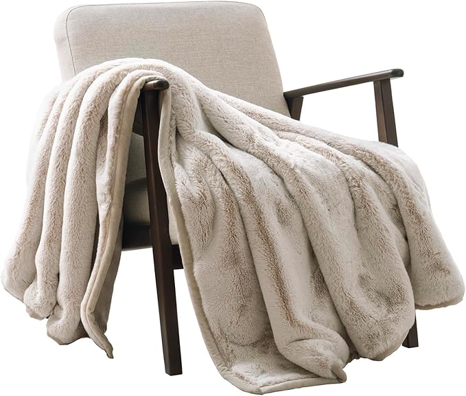 Ultra Soft Luxury Fluffy Mink Faux Fur Throw Blanket, Thick Warm Fall Winter Blankets for Bed, Couch, Cozy Plush Reversible Blanket for Chair, Sofa (Tipped Champagne Ivory, 50"x60")