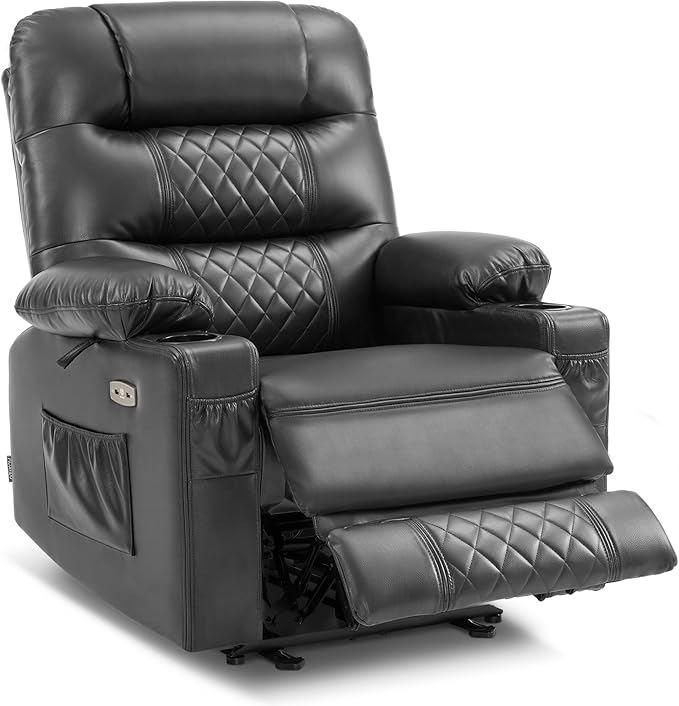 MCombo Zero Gravity Power Recliner Chair with Heat and Vibration Massage, Reclining Chair with USB Ports, Cup Holders for Living Room, Faux Leather PR621 (Grey)