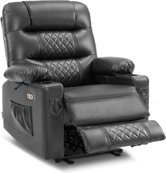 MCombo Zero Gravity Power Recliner Chair with Heat and Vibration Massage, Reclining Chair with USB Ports, Cup Holders for Living Room, Faux Leather PR621 (Grey)