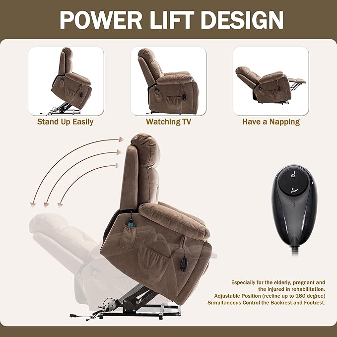 Oversized Power Lift Recliner Chair for Elderly with Massage Heat, Brown Velvet Electric Lay Flat Recliners with Cup Holders, Side Pockets, Infinite Position, Gift for Family