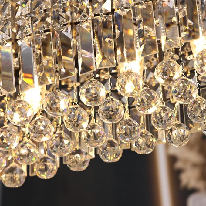 Rectangular Chandelier, Flush Mount Rectangle Chandelier Modern K9 Crystal Chandeliers Light Fixture, 6-Lights Raindrop Crystal Pendant Ceiling Light for Dining Room Bedroom Bar Club L31.5 Inch