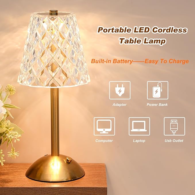 Liliful 2 Pcs LED Portable Cordless Table Lamp Touch Battery Operated Rechargeable Desk Lamp 3 Color Dimmable for Bedroom Living Room Dining (Diamond Style,Gold)